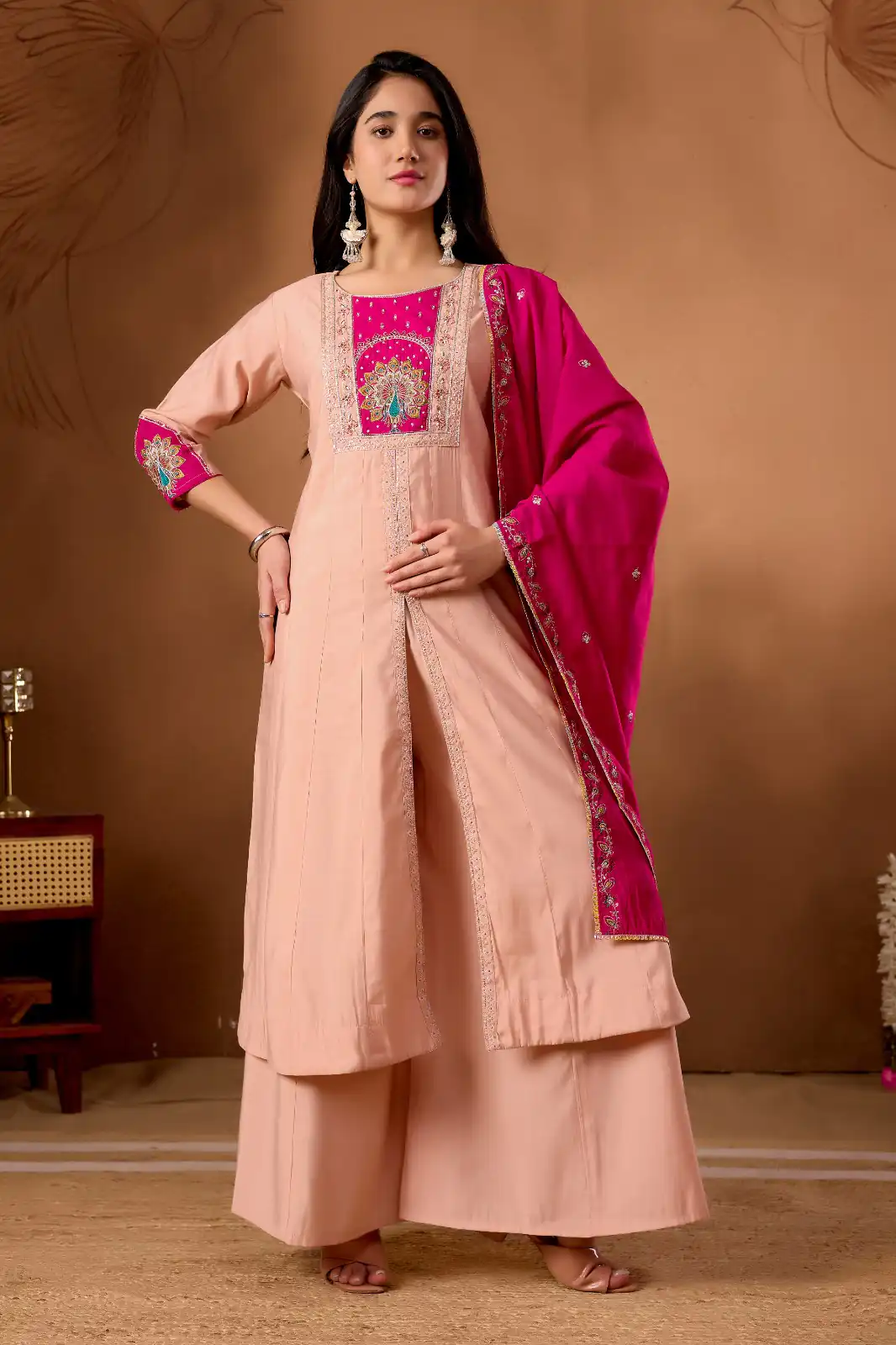 Aglow Peach Roman Silk Thread Work Salwar Suit