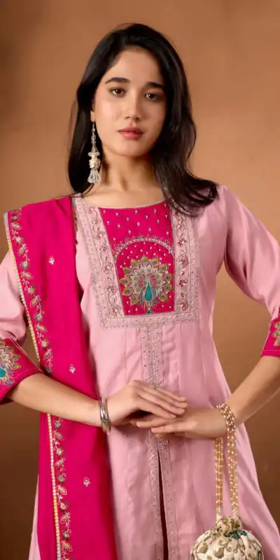 Alternative view of Aglow Pink Roman Silk Thread Work Salwar Suit