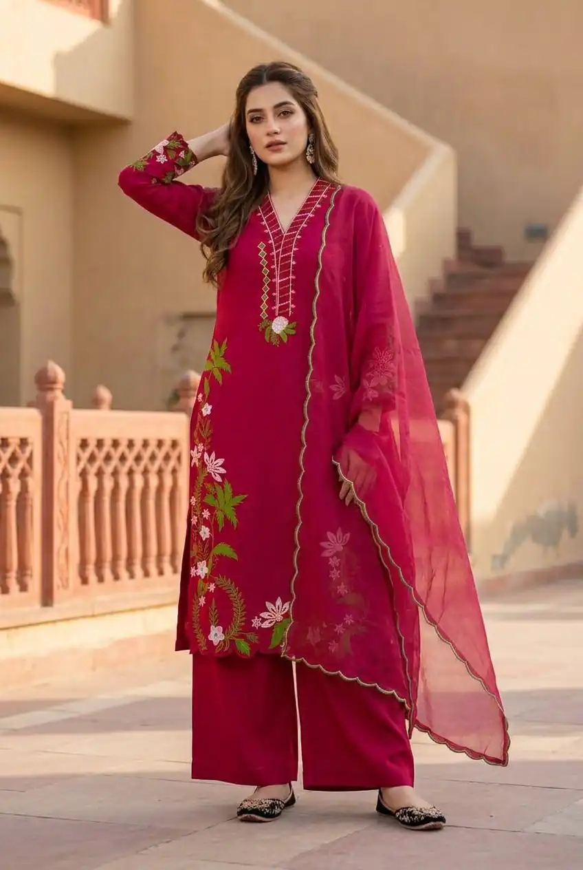 Aglow Red Roman Silk Embroidery Work Salwar Suit - Image 4