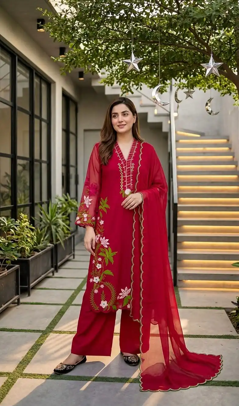 Aglow Red Roman Silk Embroidery Work Salwar Suit - Image 3