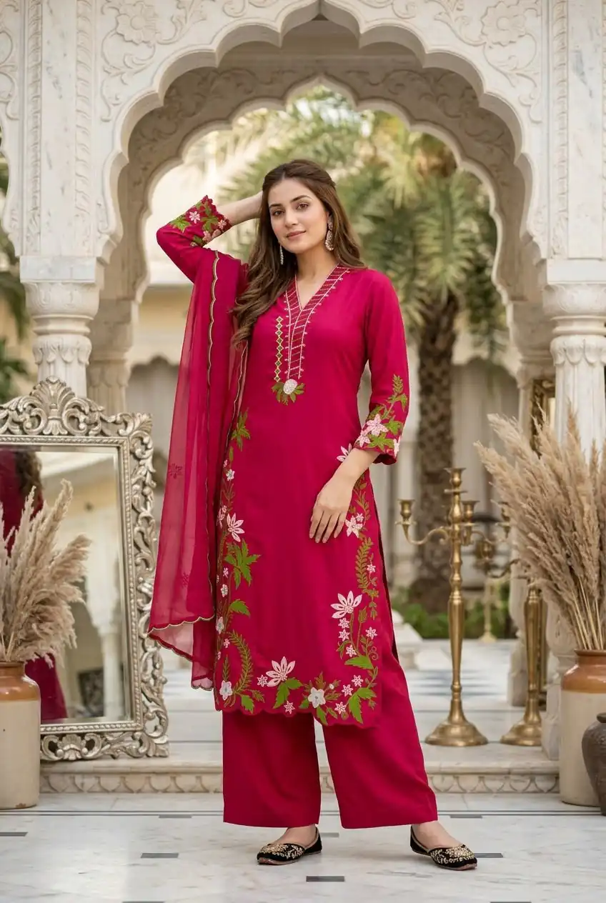 Aglow Red Roman Silk Embroidery Work Salwar Suit - Image 2