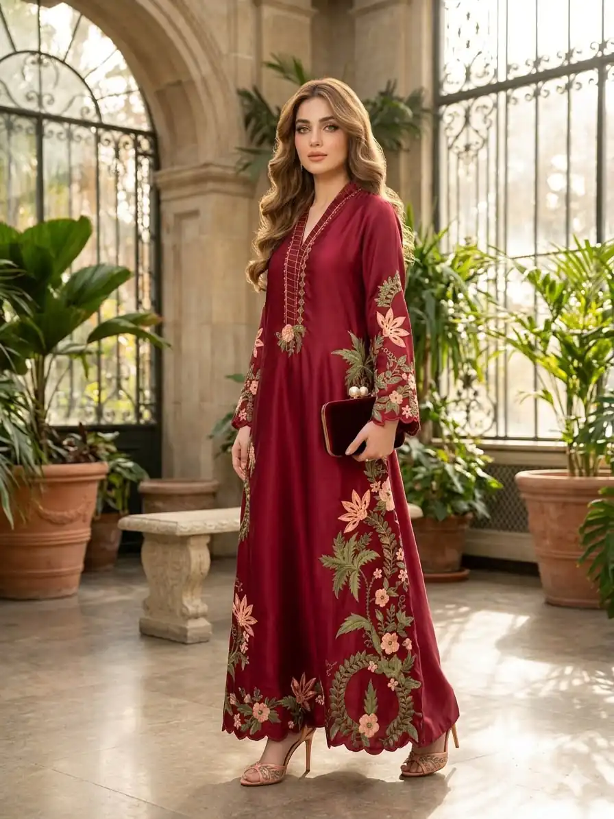 Aglow Red Roman Silk Embroidery Work Salwar Suit