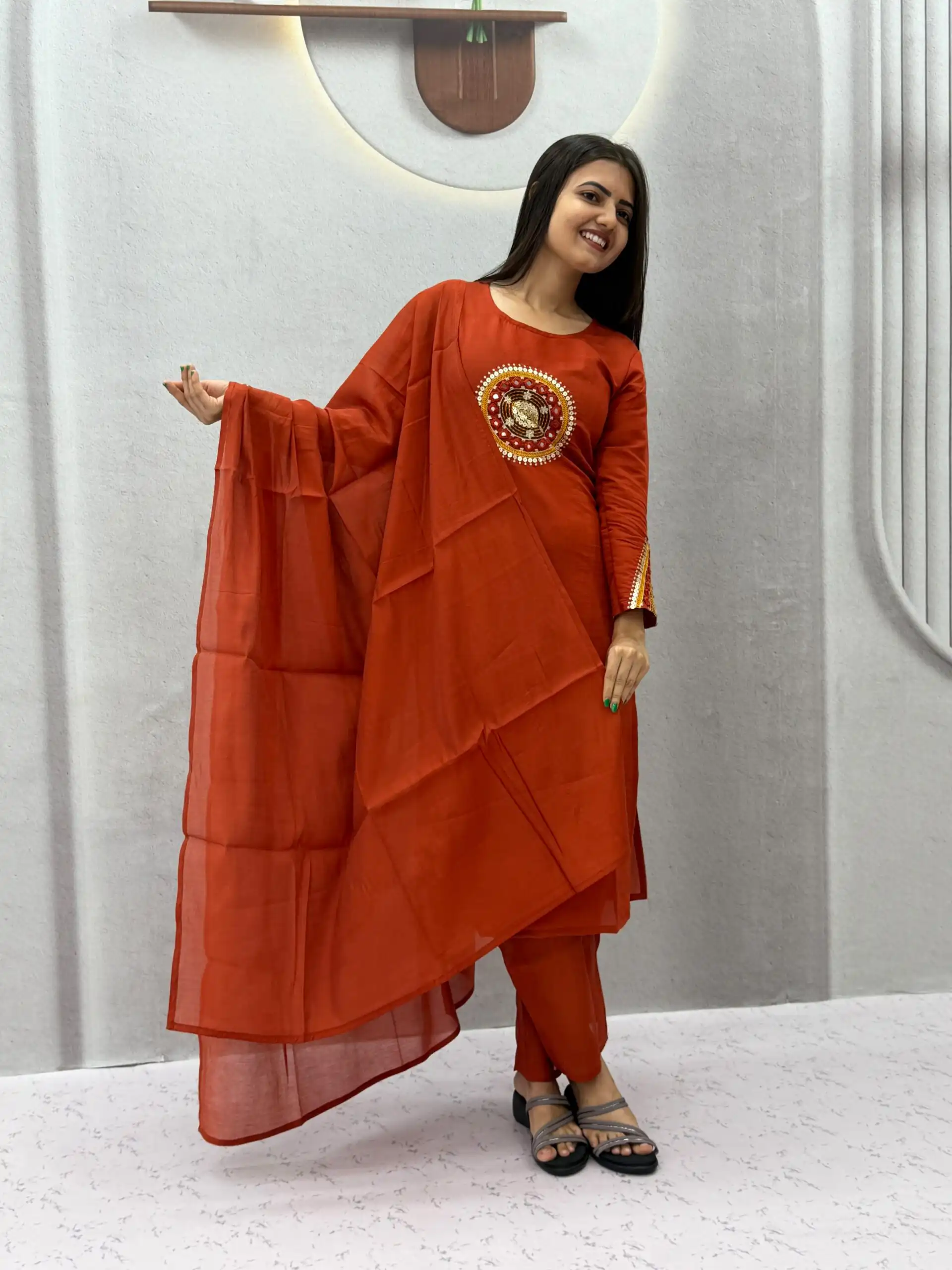 Aglow Rust Roman Silk Hand Work Salwar Suit - Image 3