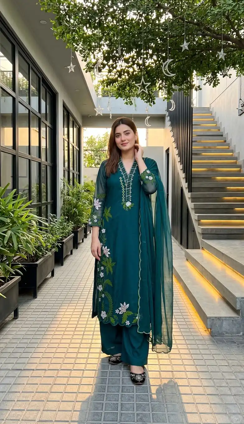 Aglow Teal Roman Silk Embroidery Work Salwar Suit - Image 4