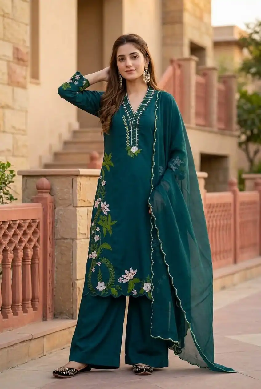Aglow Teal Roman Silk Embroidery Work Salwar Suit - Image 3