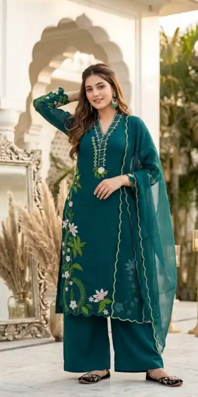 Alternative view of Aglow Teal Roman Silk Embroidery Work Salwar Suit