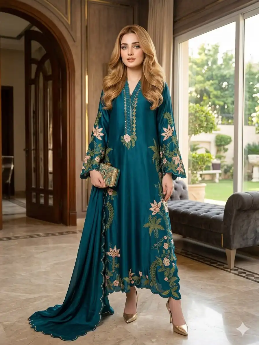 Aglow Teal Roman Silk Embroidery Work Salwar Suit