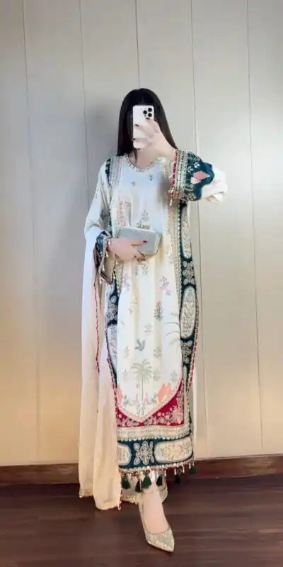 Aglow White Star Silk Embroidery Sequins Work Salwar Suit