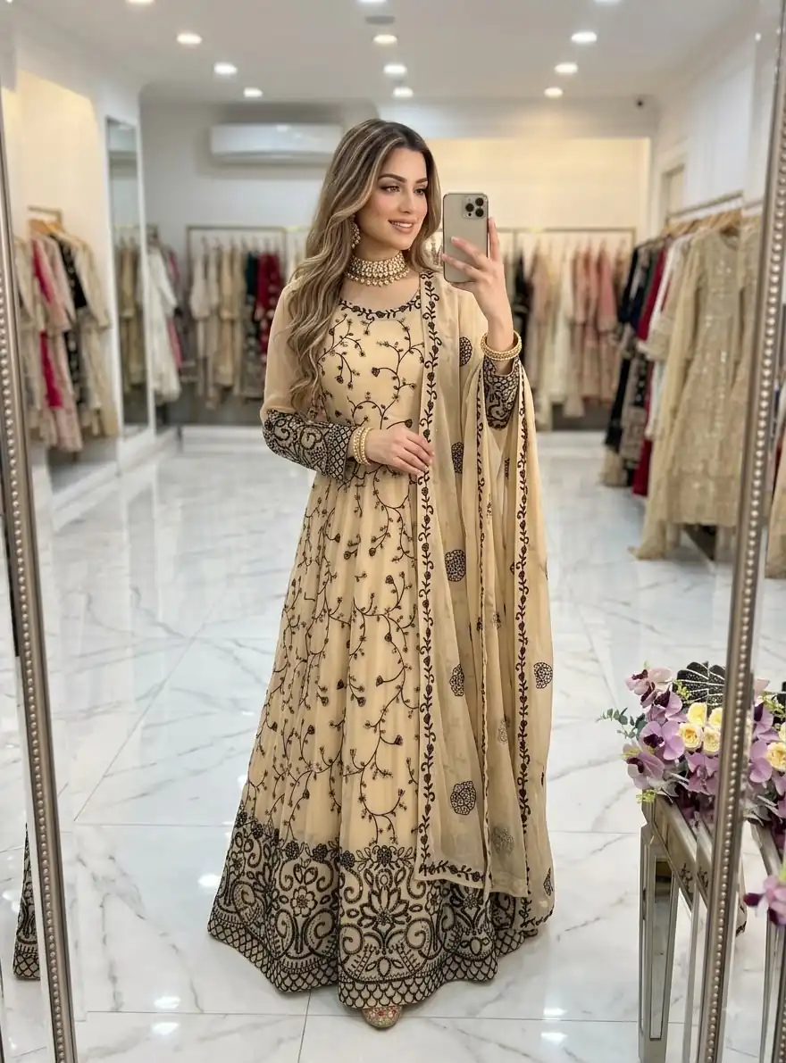 Beautiful Cream Fox Georgette Embroider Work Gown