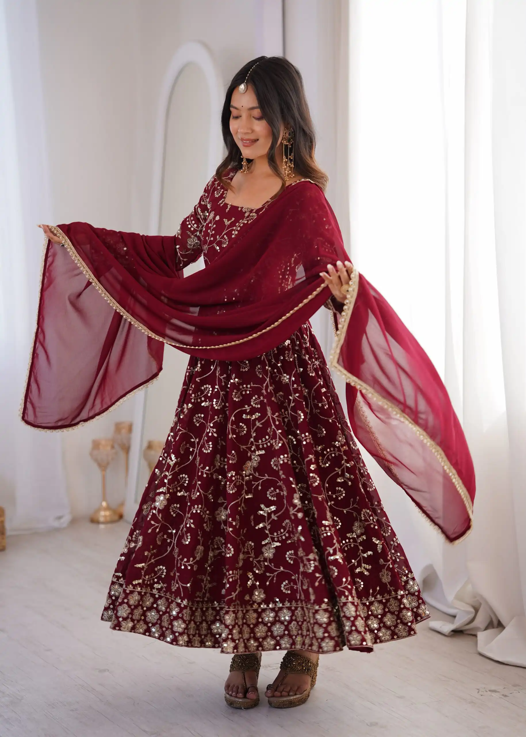 Beautiful Maroon Fox Georgette Embroidery Work Gown - Image 5