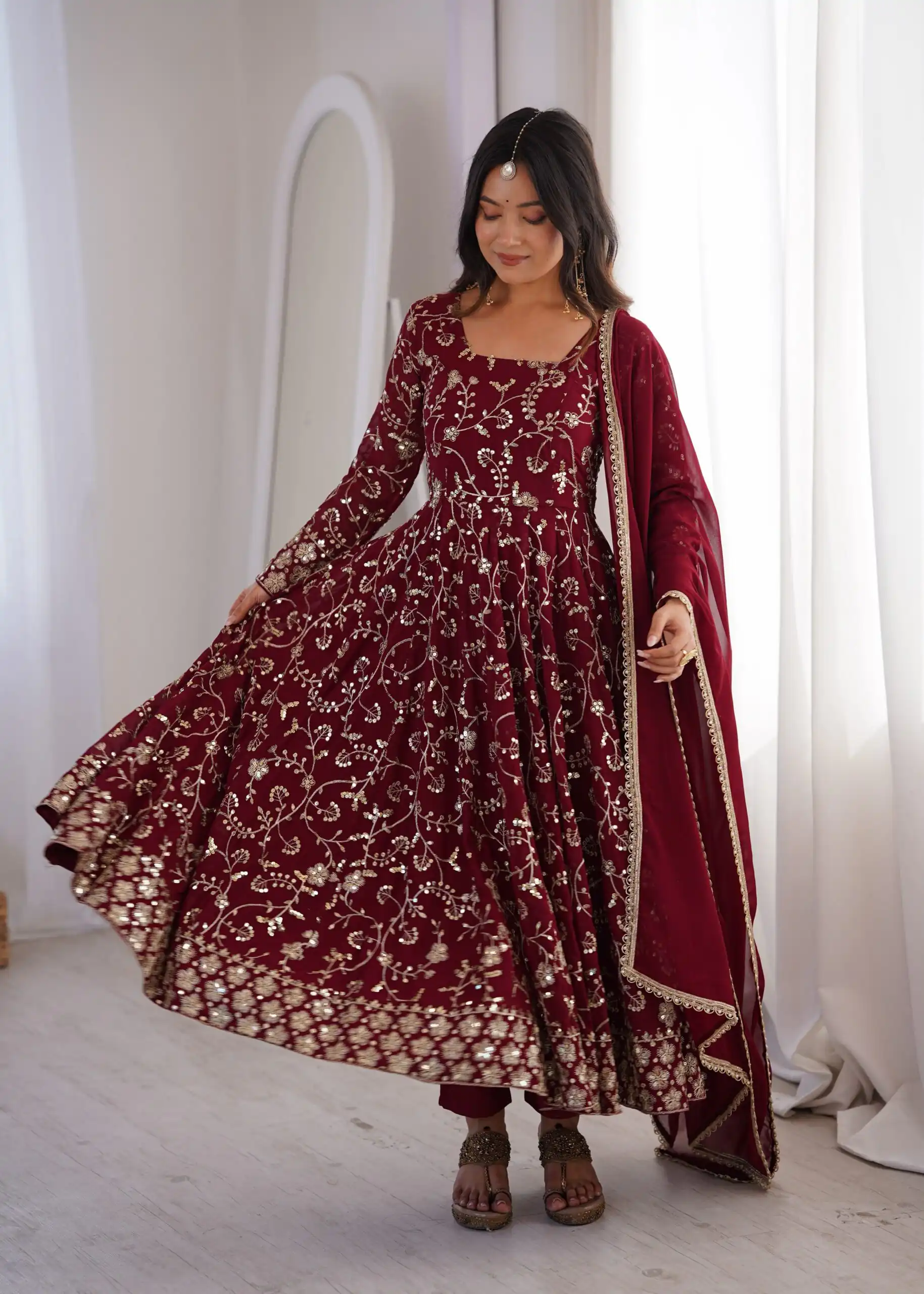 Beautiful Maroon Fox Georgette Embroidery Work Gown - Image 2