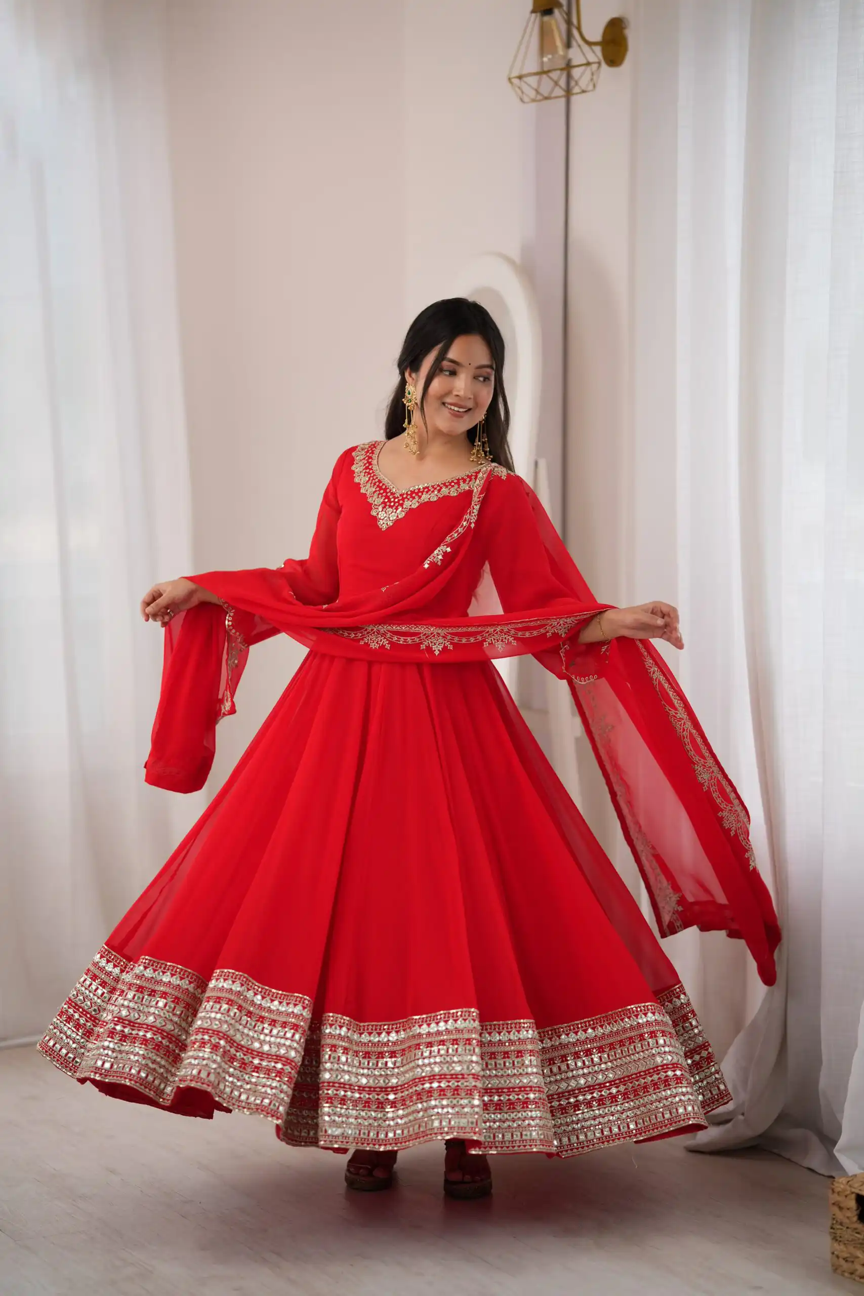 Beautiful Red Fox Georgette Sequence Work Gown - Image 12