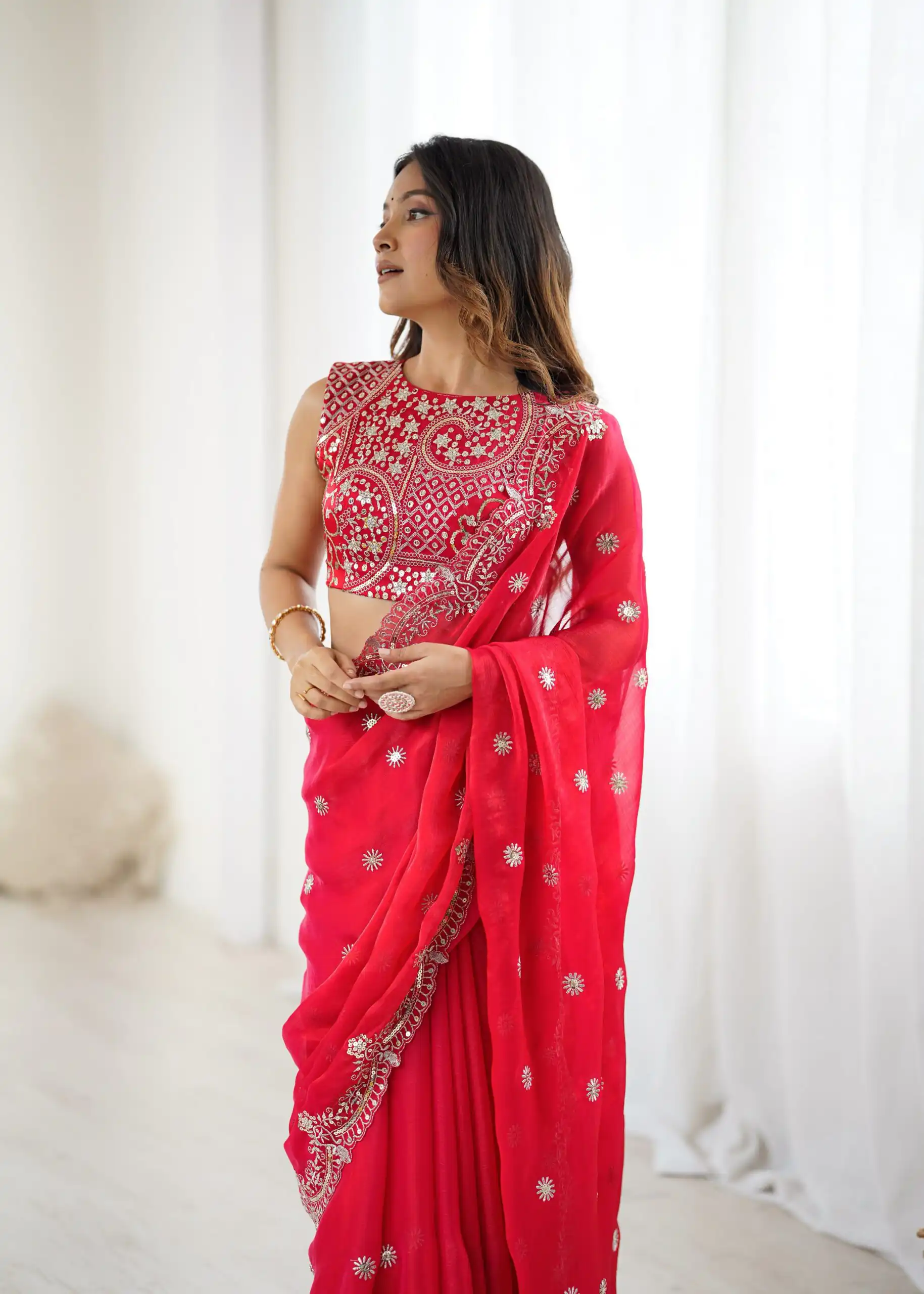 Bright Red Fendy Chiffon Embroidery Sequins Work Saree - Image 8