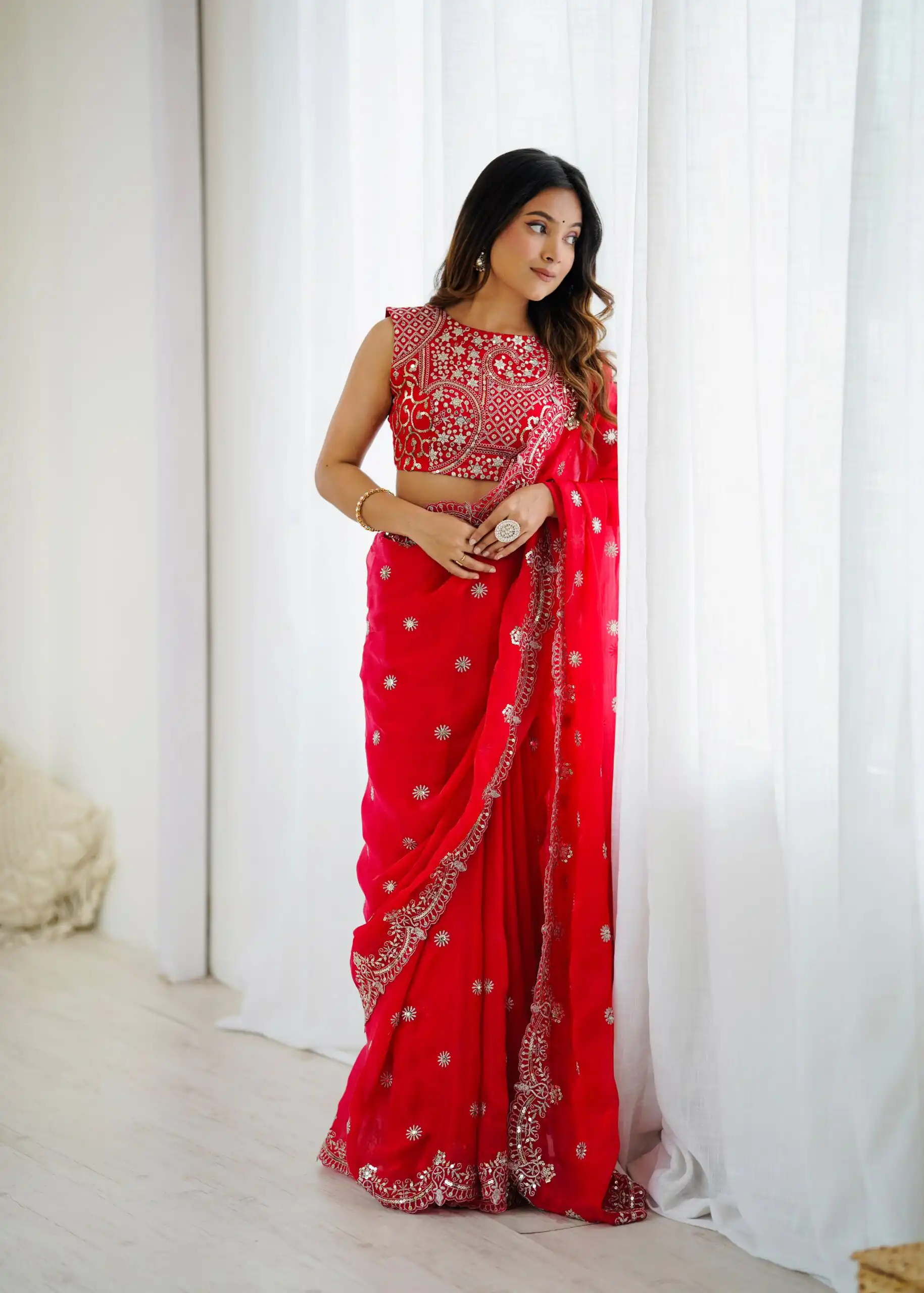 Bright Red Fendy Chiffon Embroidery Sequins Work Saree - Image 7