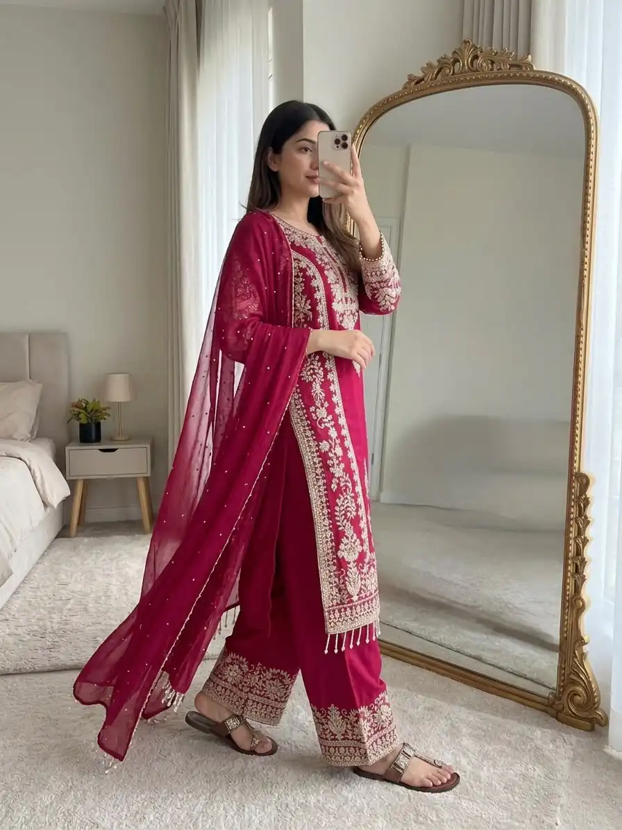 Classic Red Faux Georgette Embroider Work Salwar Suit - Image 6