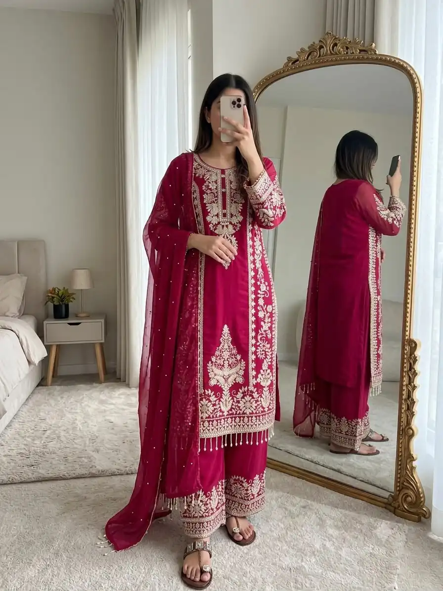 Classic Red Faux Georgette Embroider Work Salwar Suit - Image 5