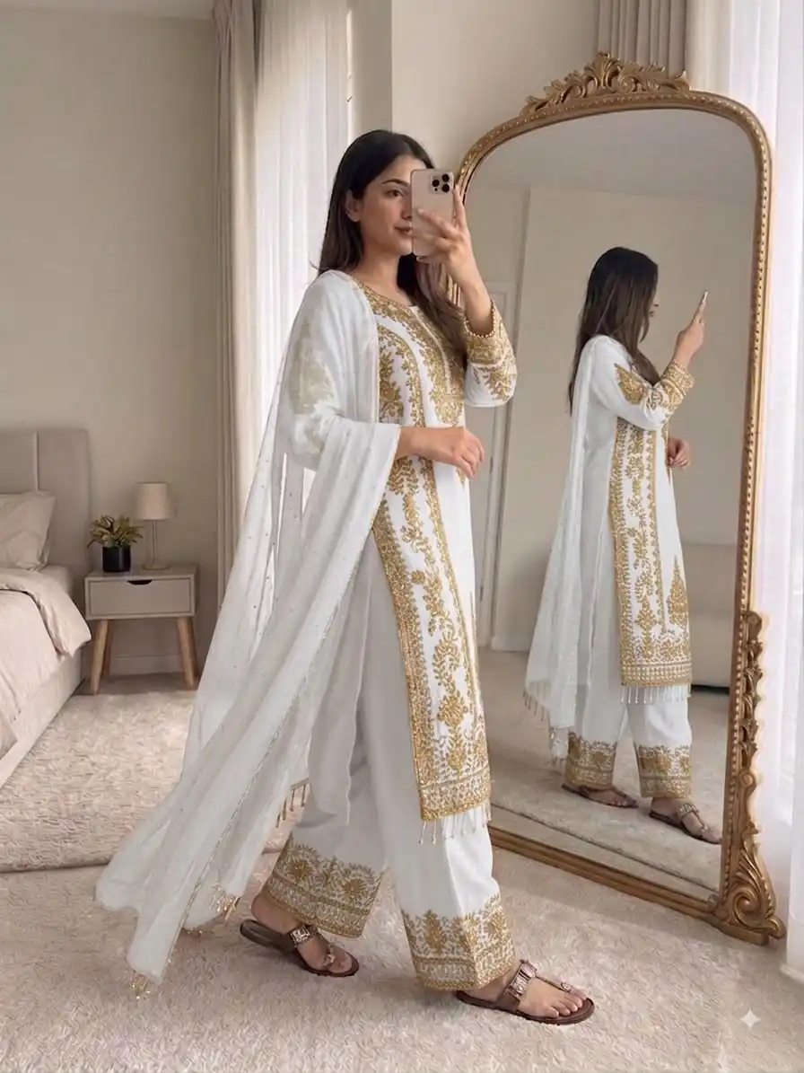 Classic White Faux Georgette Embroider Work Salwar Suit - Image 4