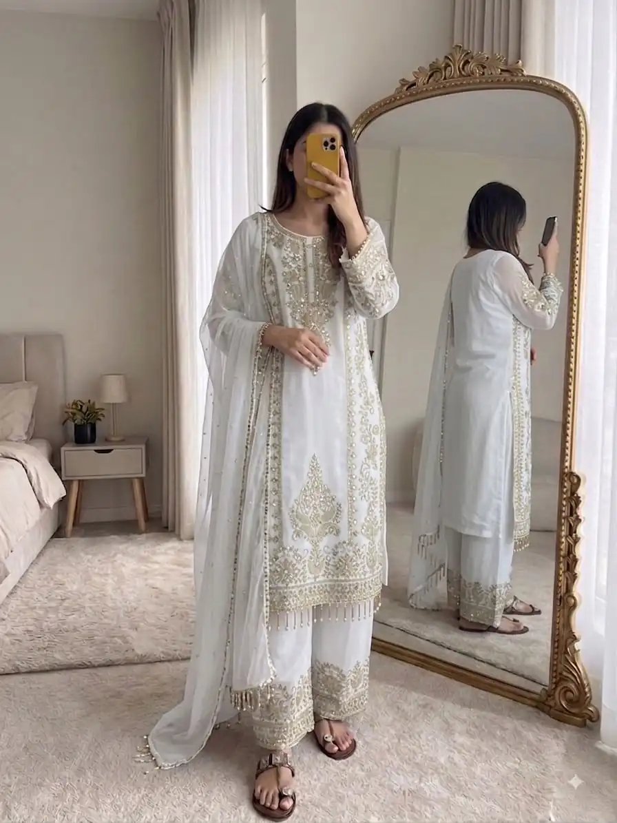 Classic White Faux Georgette Embroider Work Salwar Suit - Image 3