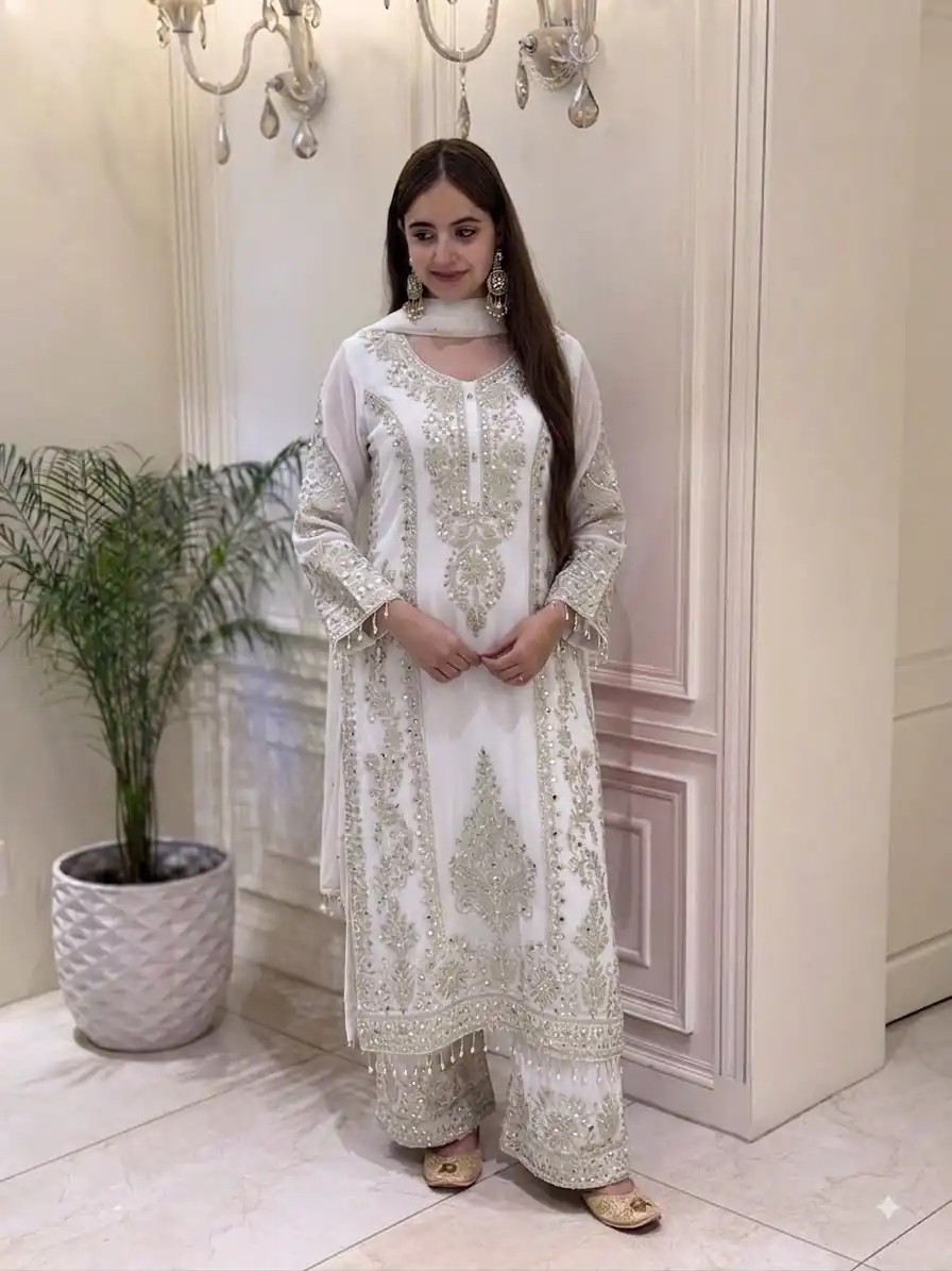 Classic White Faux Georgette Embroider Work Salwar Suit - Image 2