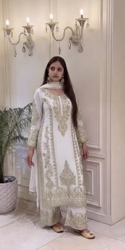 Classic White Faux Georgette Embroider Work Salwar Suit