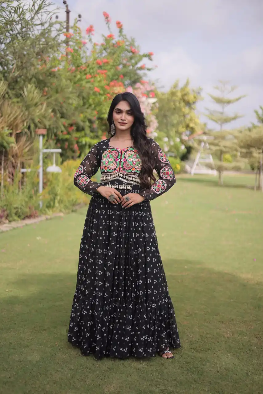 Fancy Black Faux Georgette Bandhani Print Work Gown - Image 4