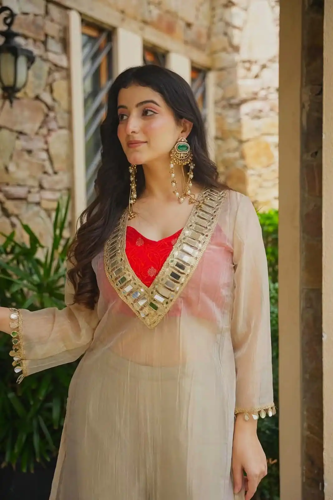 Fancy Chiku Salsa Silk Mirror Work Salwar Suit - Image 5