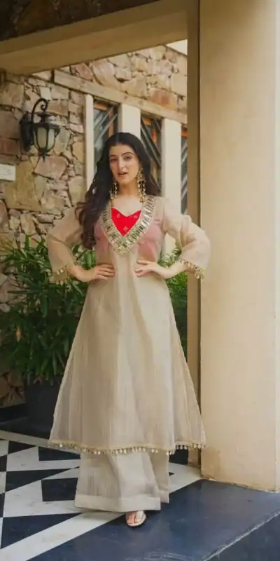 Fancy Chiku Salsa Silk Mirror Work Salwar Suit