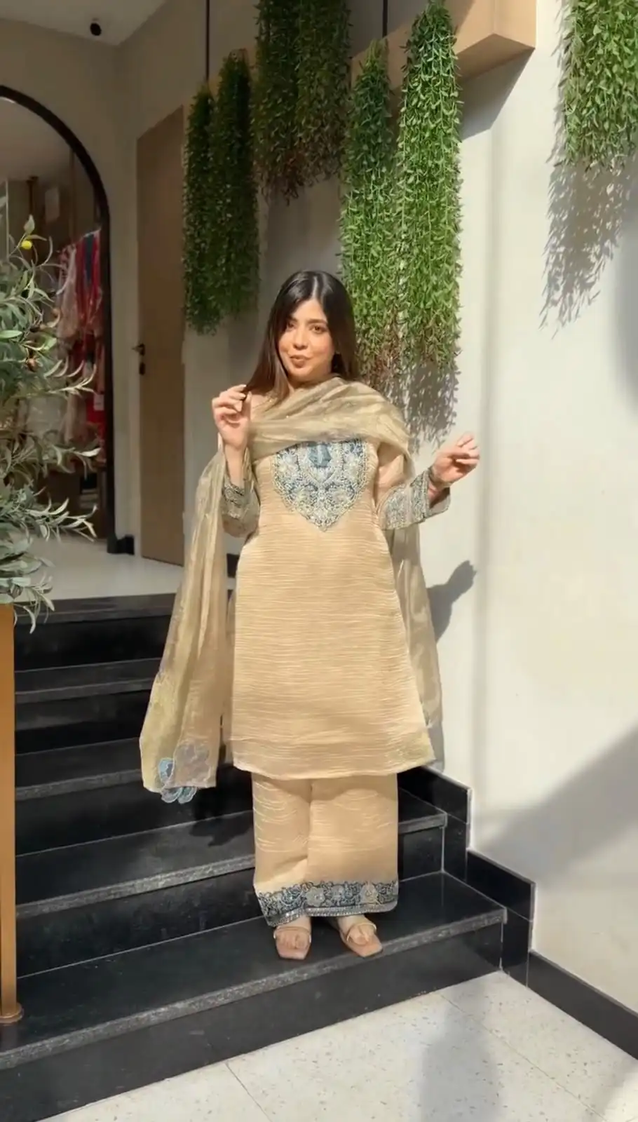 Fancy Cream Salsa Silk Sequins Work Salwar Suit