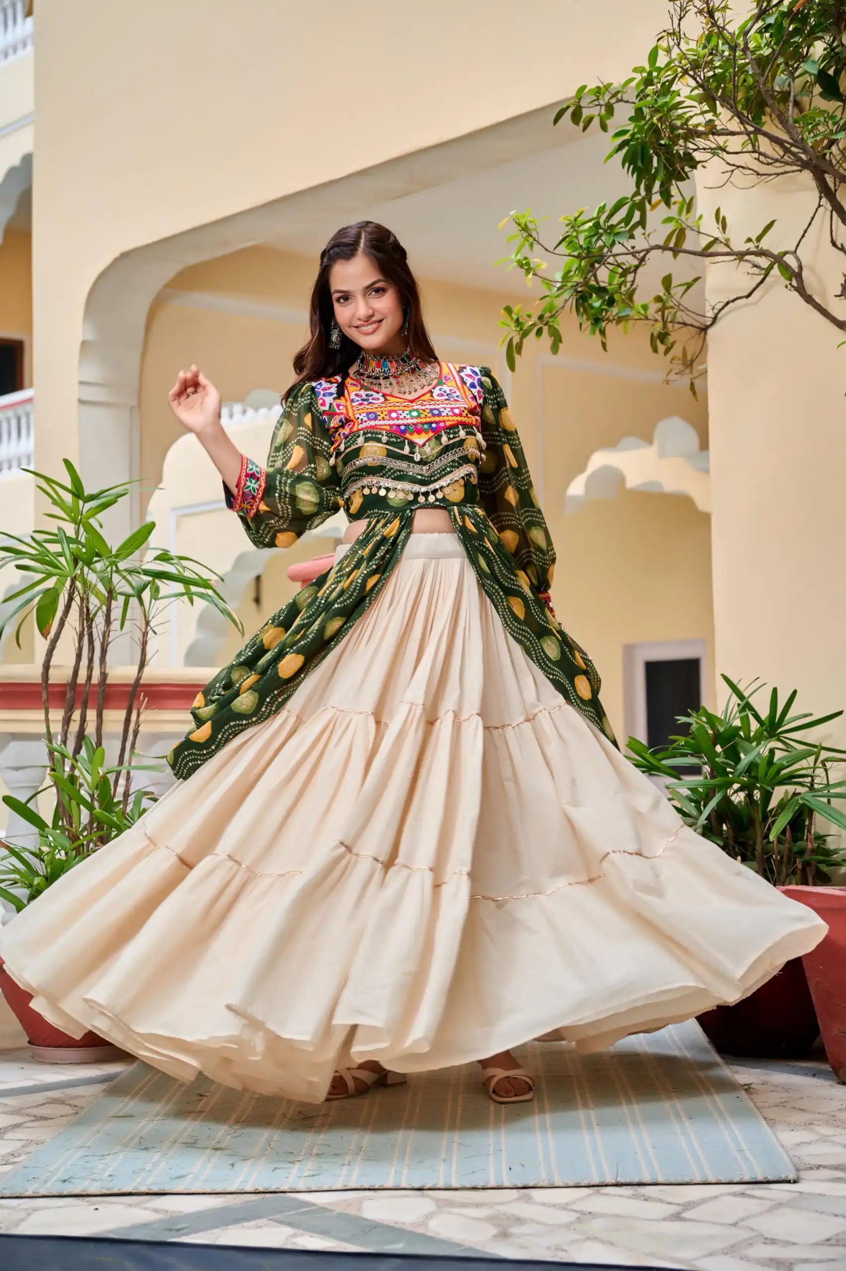 Fancy Green Pure Cotton Gamthi Work Lehenga Choli - Image 6