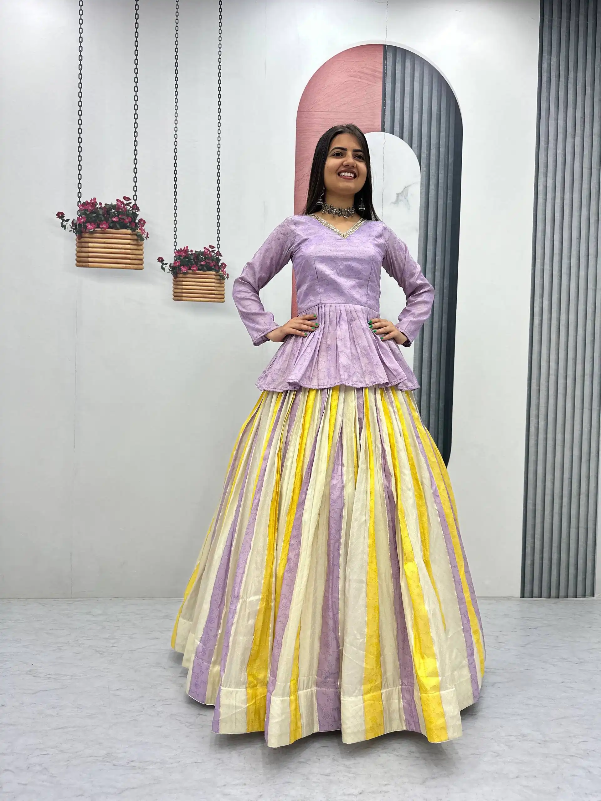 Fancy Lavender Jacquard Silk Lace Work Lehenga Choli - Image 3