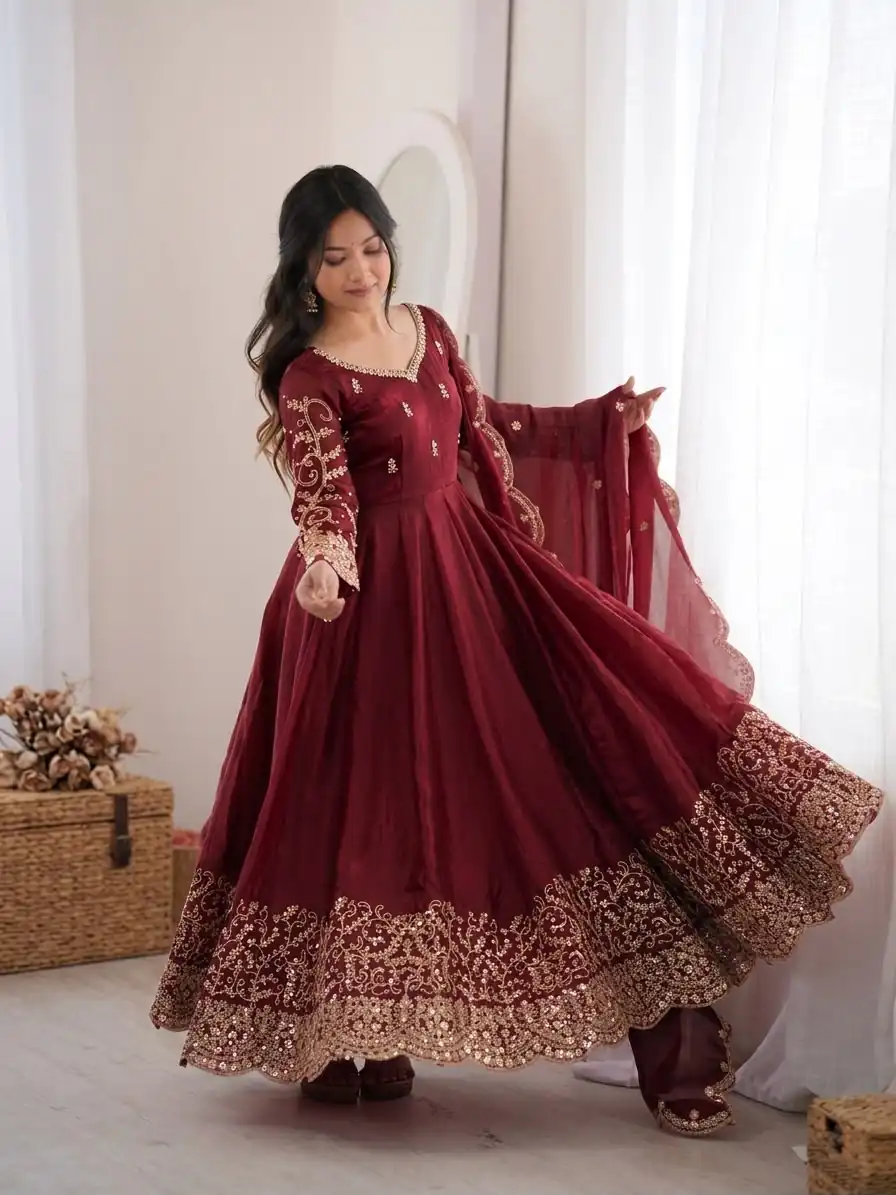 Fancy Maroon Fendy Silk Embroider Sequins Work Gown - Image 11