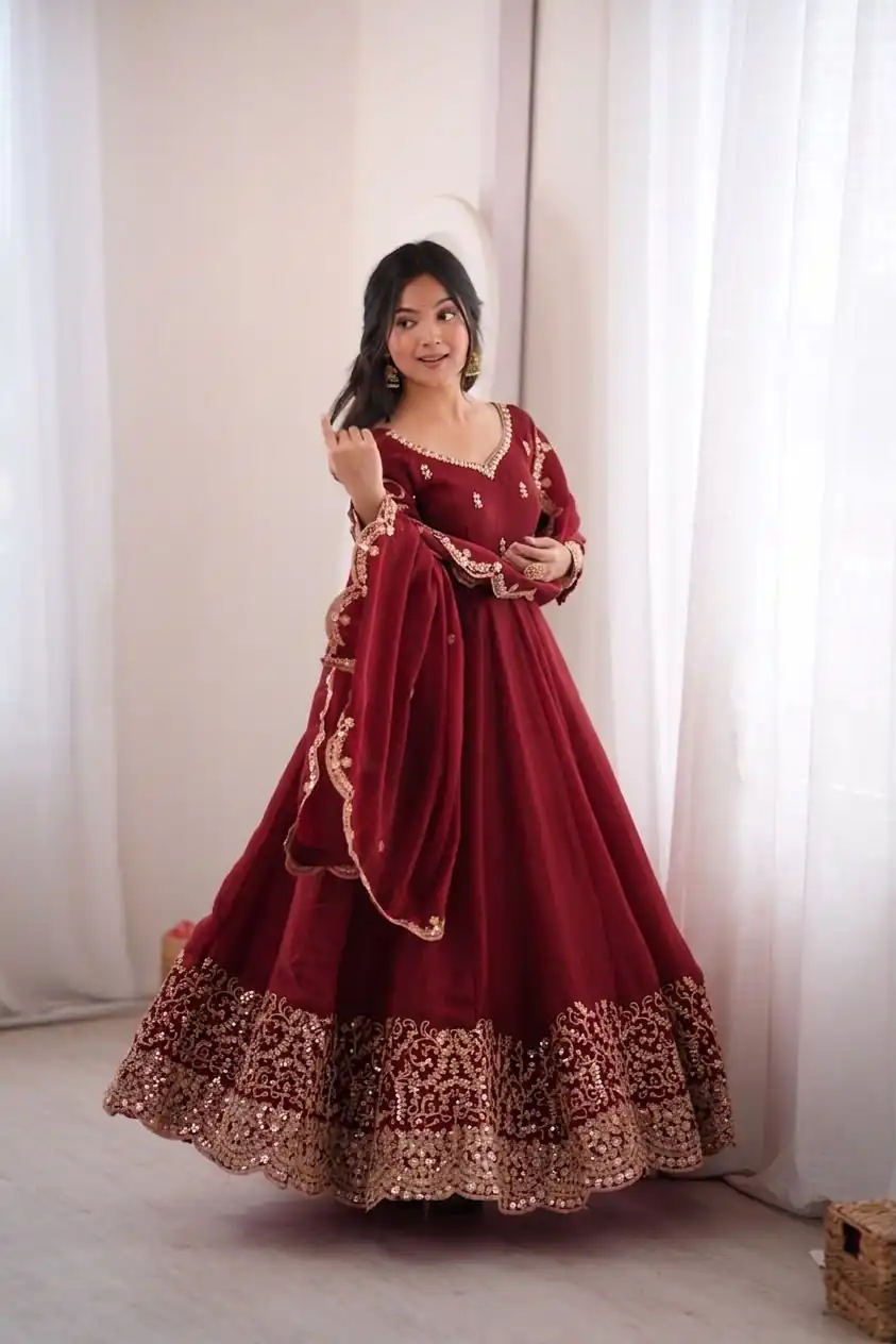 Fancy Maroon Fendy Silk Embroider Sequins Work Gown - Image 7