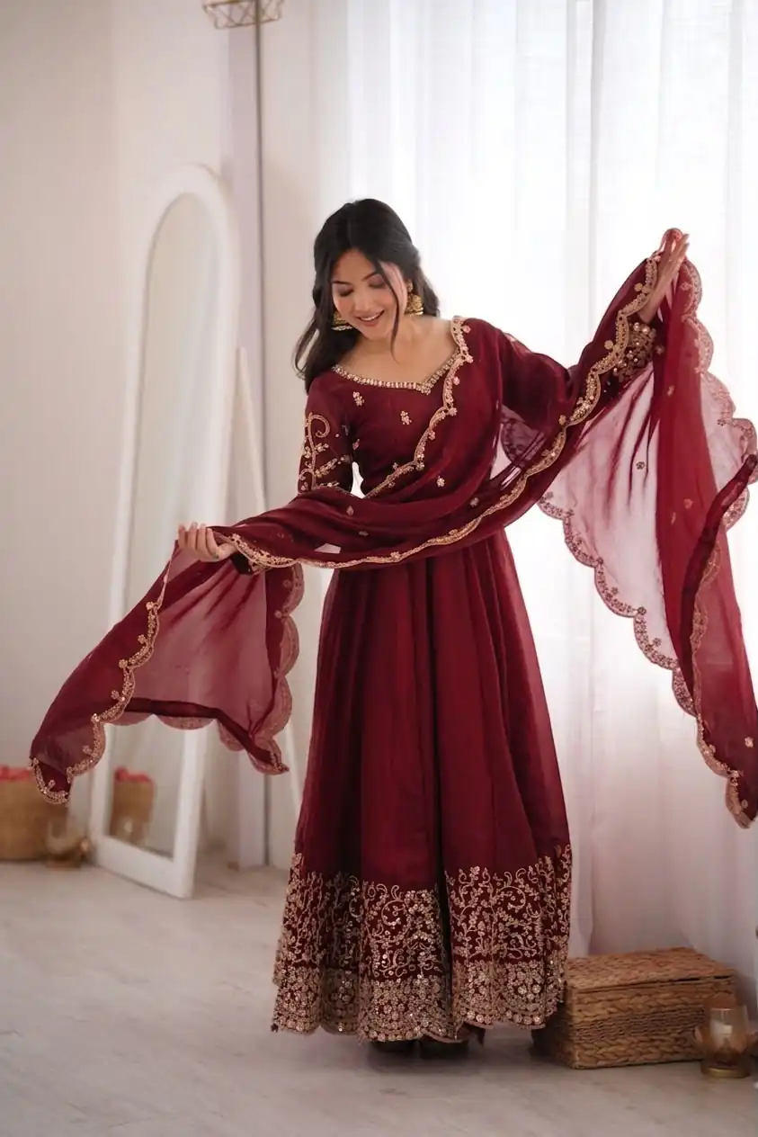 Fancy Maroon Fendy Silk Embroider Sequins Work Gown - Image 6