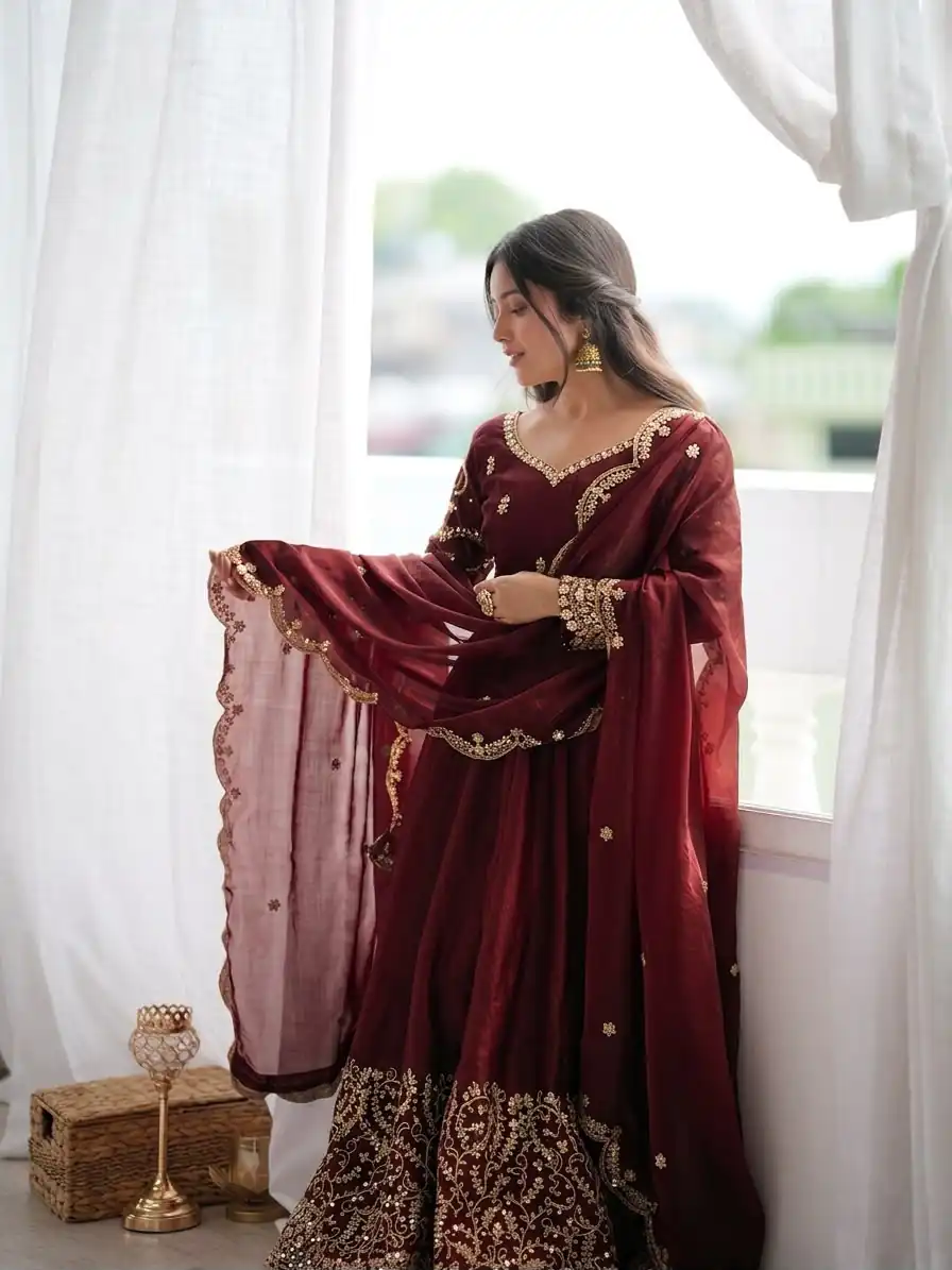 Fancy Maroon Fendy Silk Embroider Sequins Work Gown - Image 5