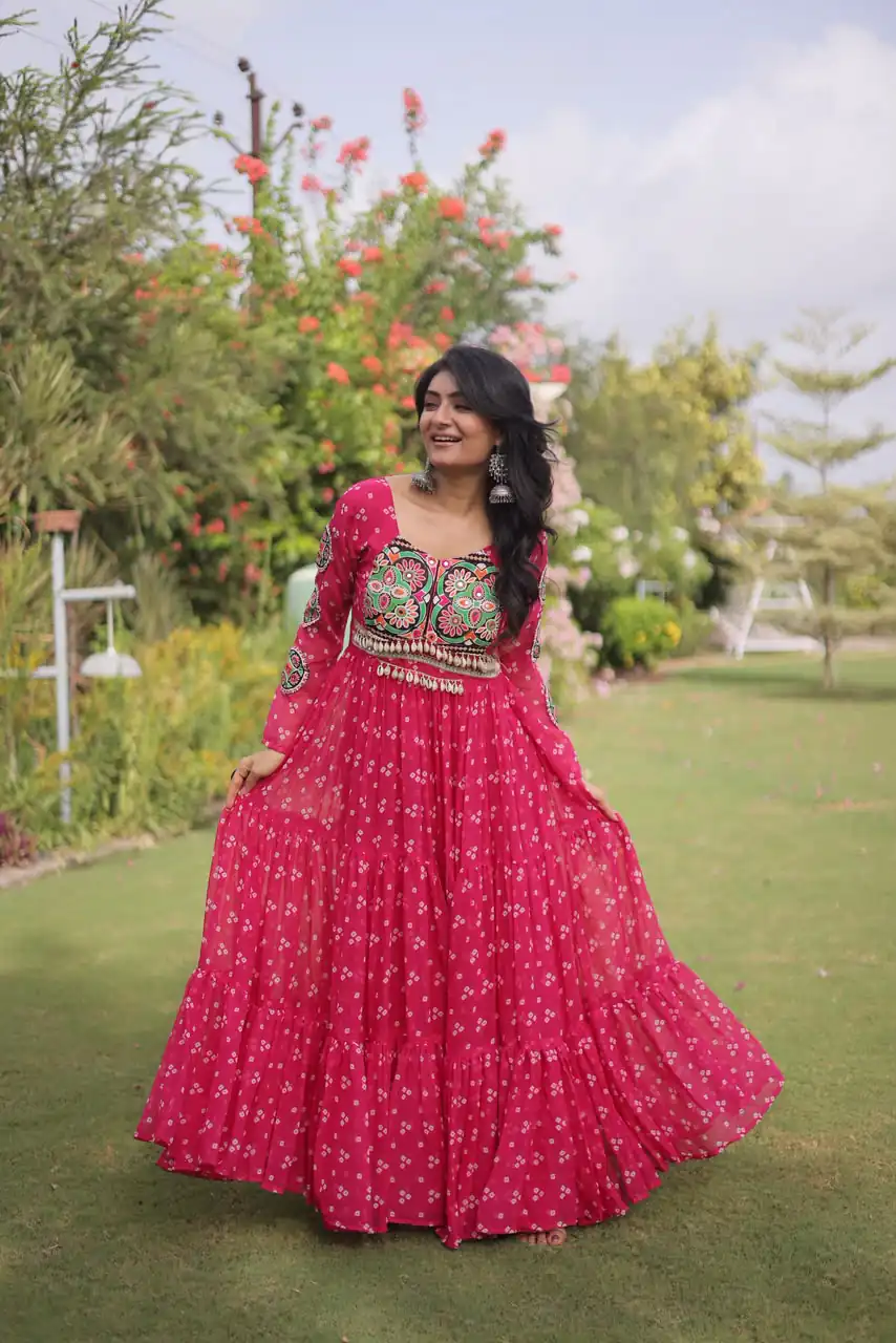 Fancy Pink Faux Georgette Bandhani Print Work Gown - Image 3