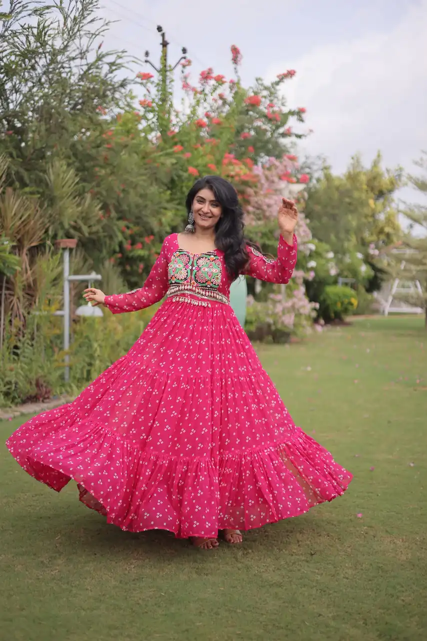 Fancy Pink Faux Georgette Bandhani Print Work Gown