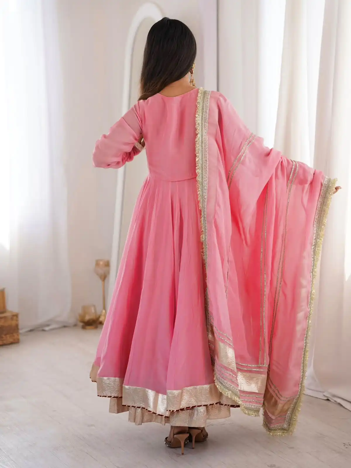 Fancy Pink Tabby Organza Silk Hand Work Gown - Image 8