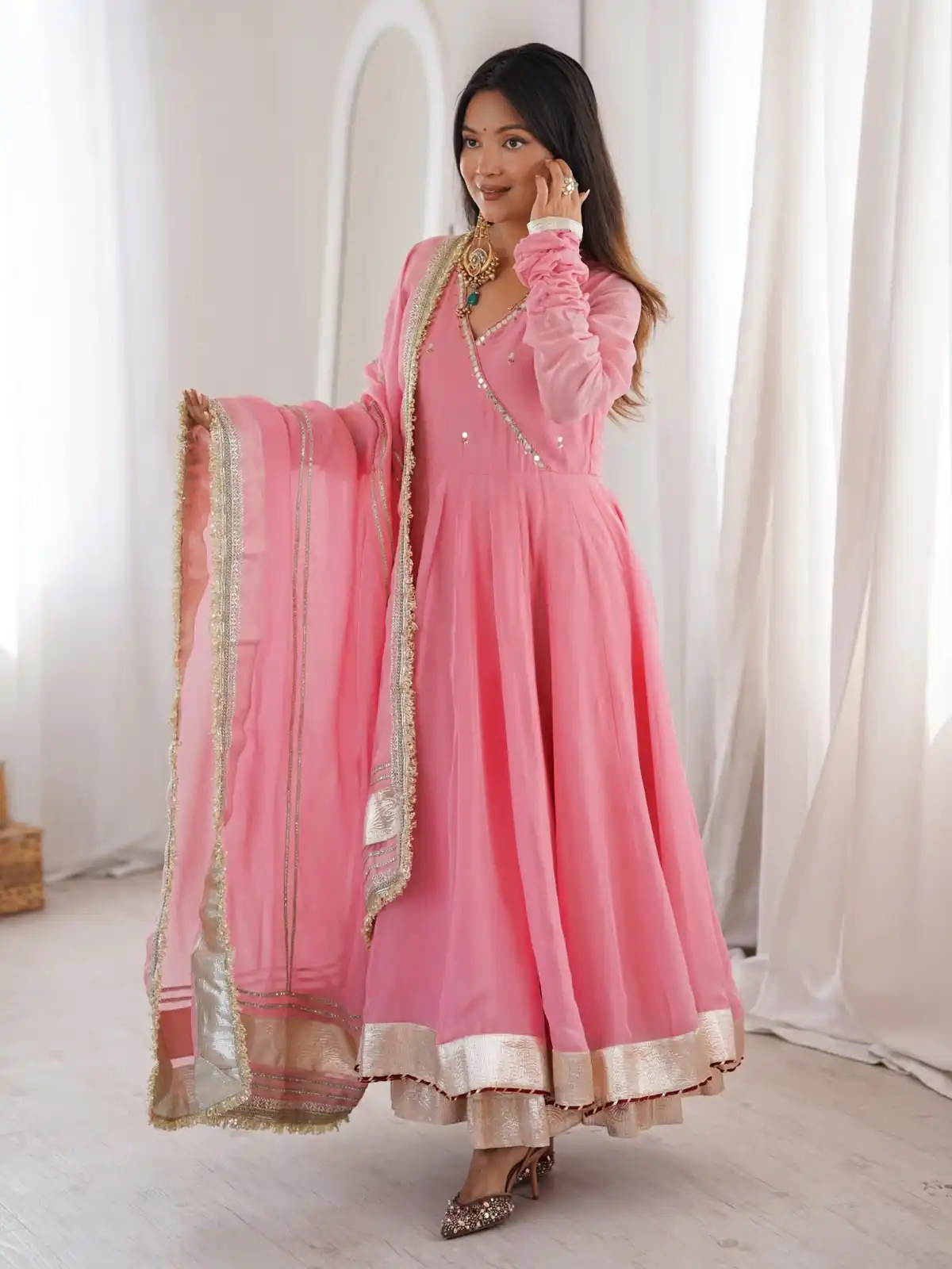 Fancy Pink Tabby Organza Silk Hand Work Gown - Image 6