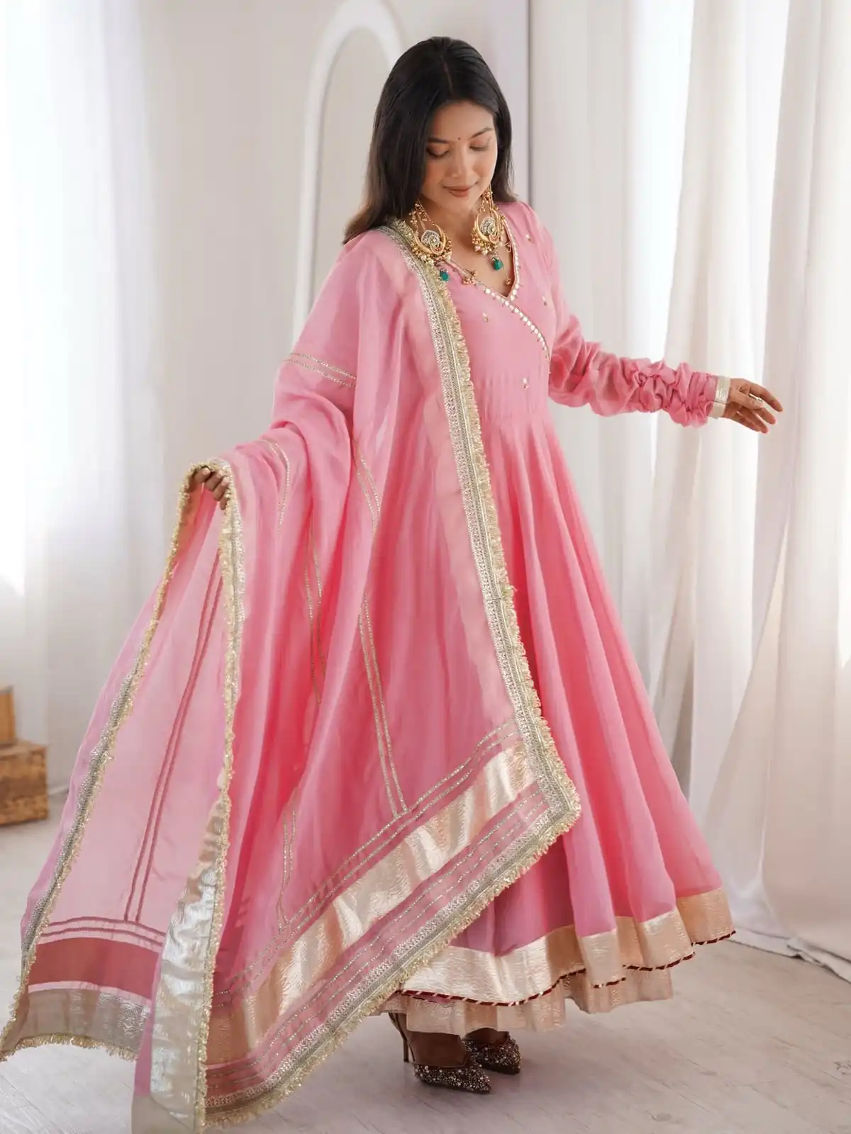 Fancy Pink Tabby Organza Silk Hand Work Gown - Image 5
