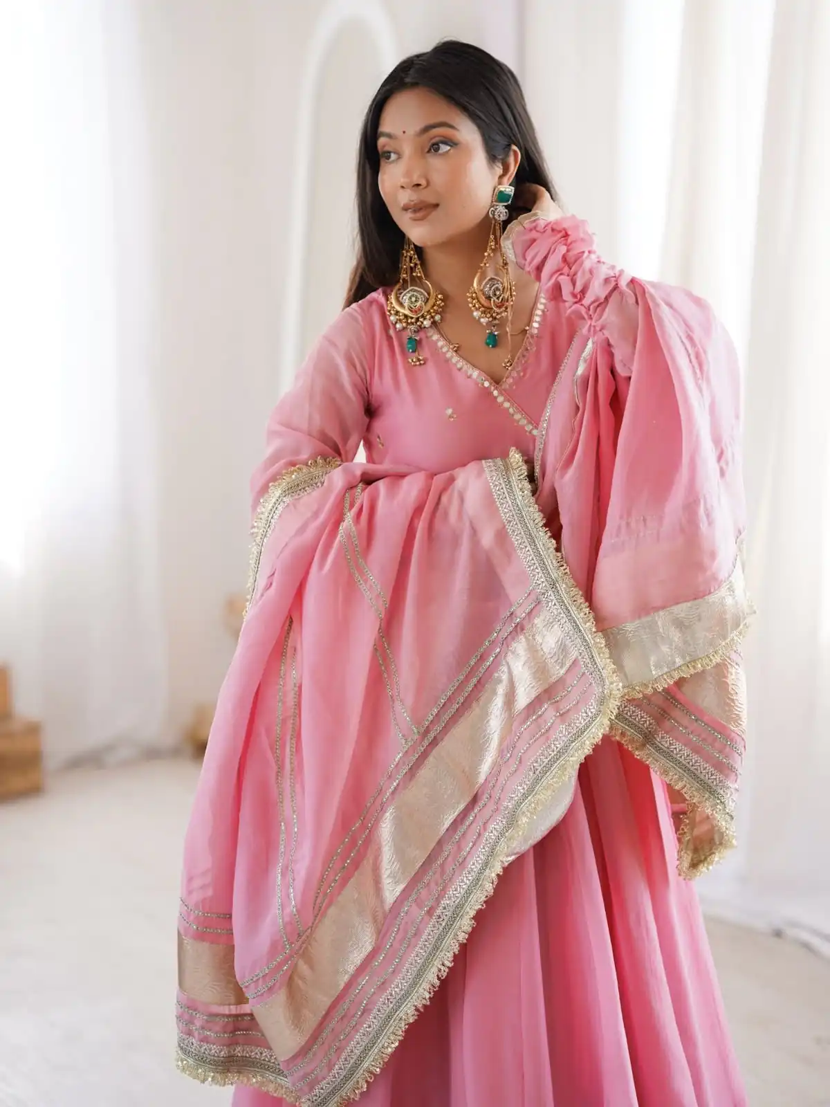 Fancy Pink Tabby Organza Silk Hand Work Gown - Image 3