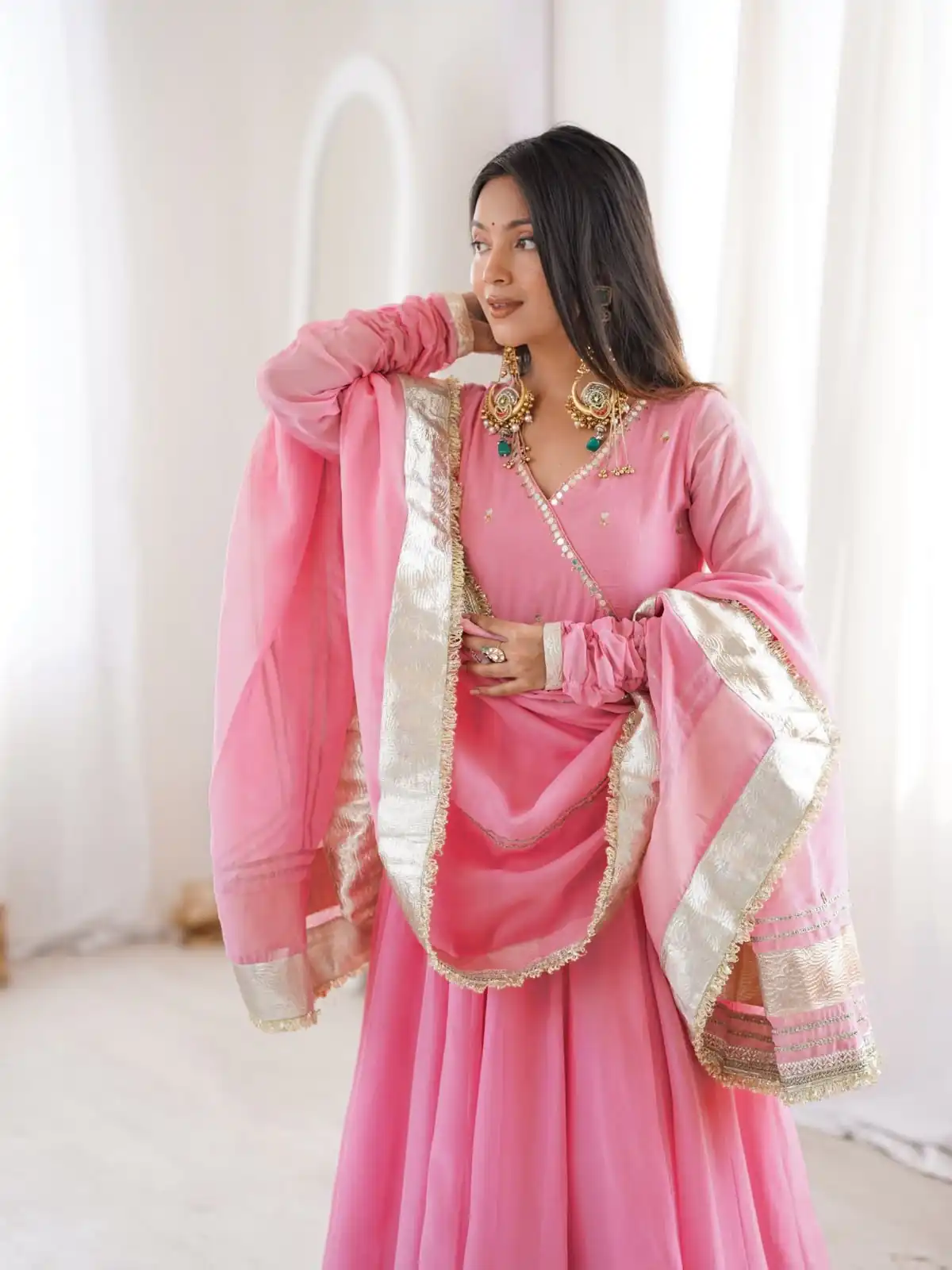 Fancy Pink Tabby Organza Silk Hand Work Gown - Image 2