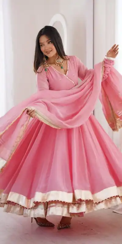 Fancy Pink Tabby Organza Silk Hand Work Gown