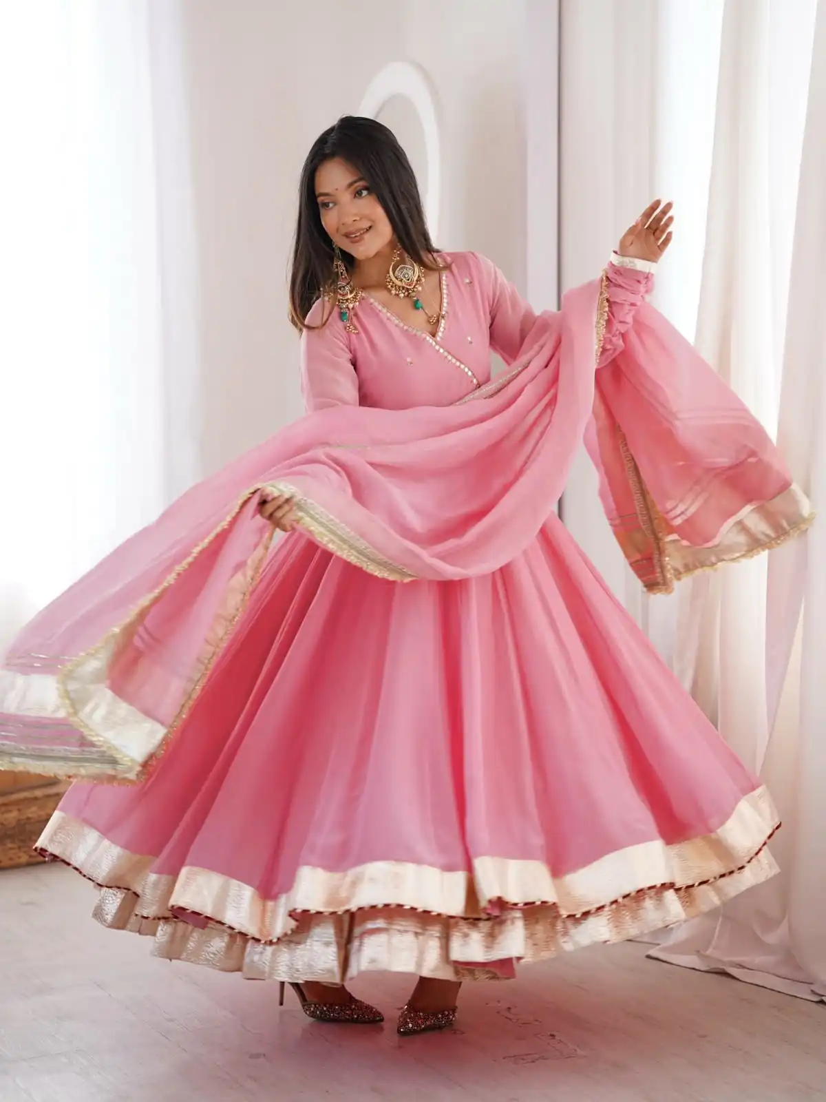 Fancy Pink Tabby Organza Silk Hand Work Gown