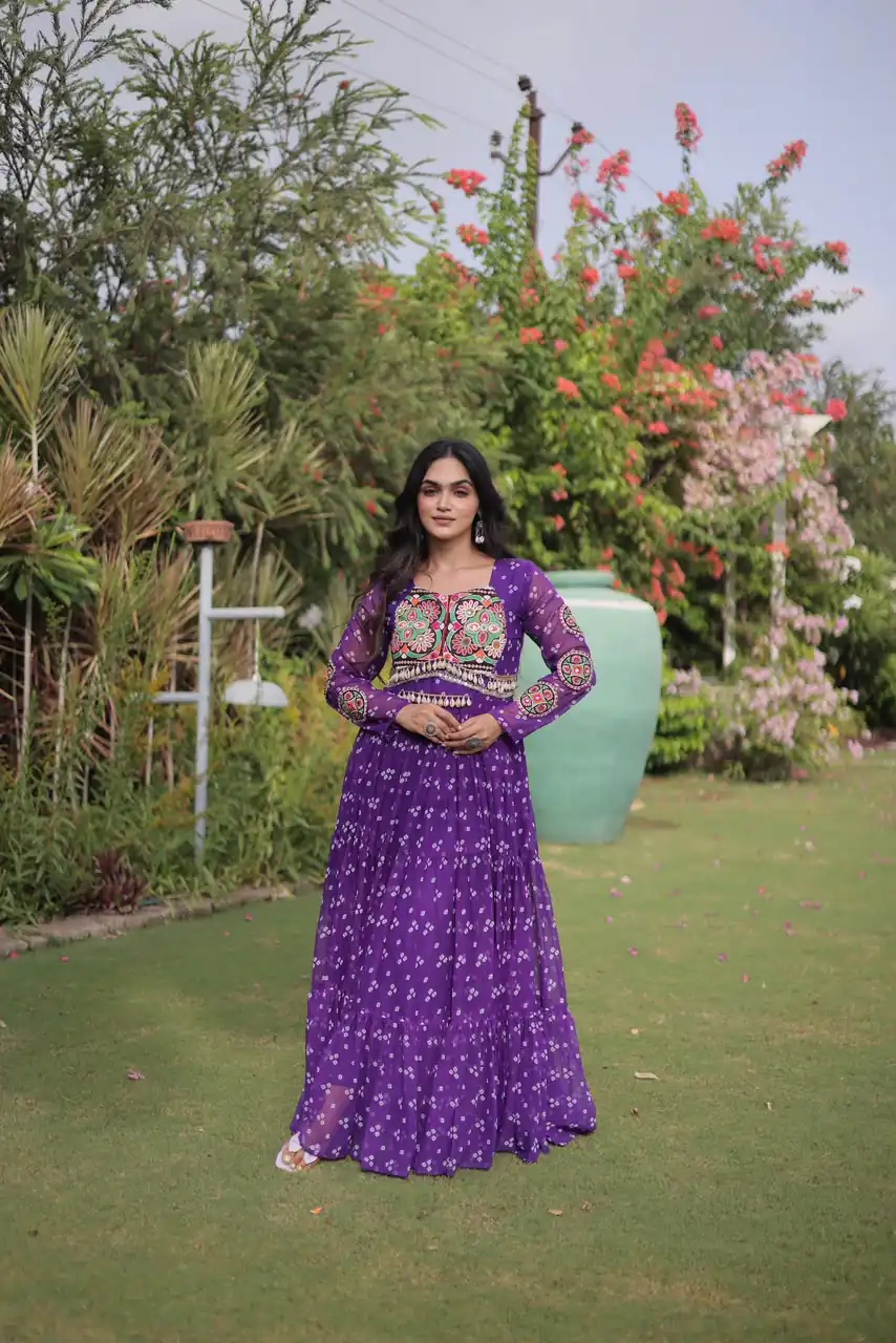 Fancy Purple Faux Georgette Bandhani Print Work Gown - Image 4