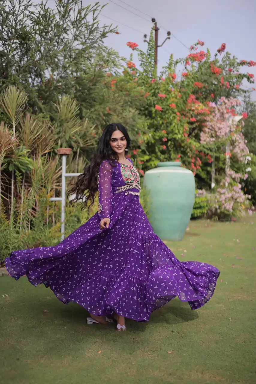 Fancy Purple Faux Georgette Bandhani Print Work Gown