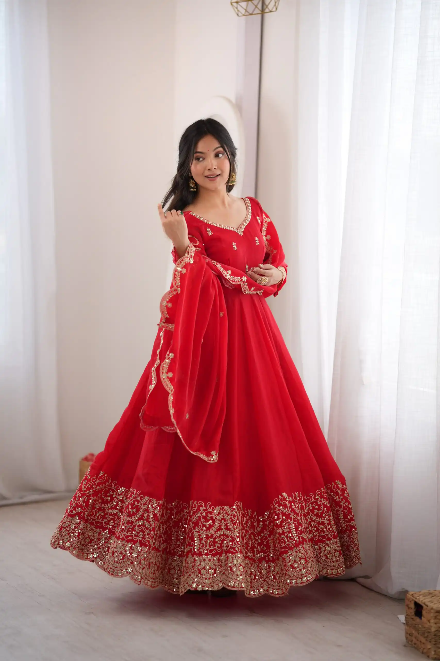 Fancy Red Fendy Silk Embroider Sequins Work Gown - Image 2