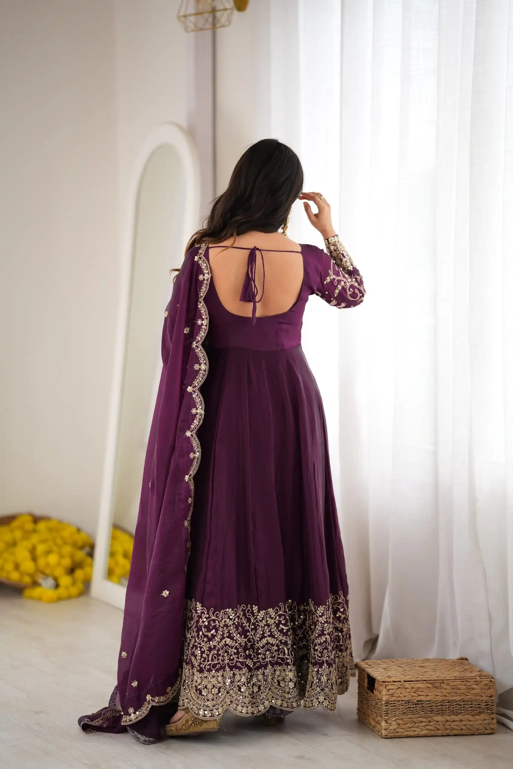 Fancy Wine Fendy Silk Embroider Sequins Work Gown - Image 12