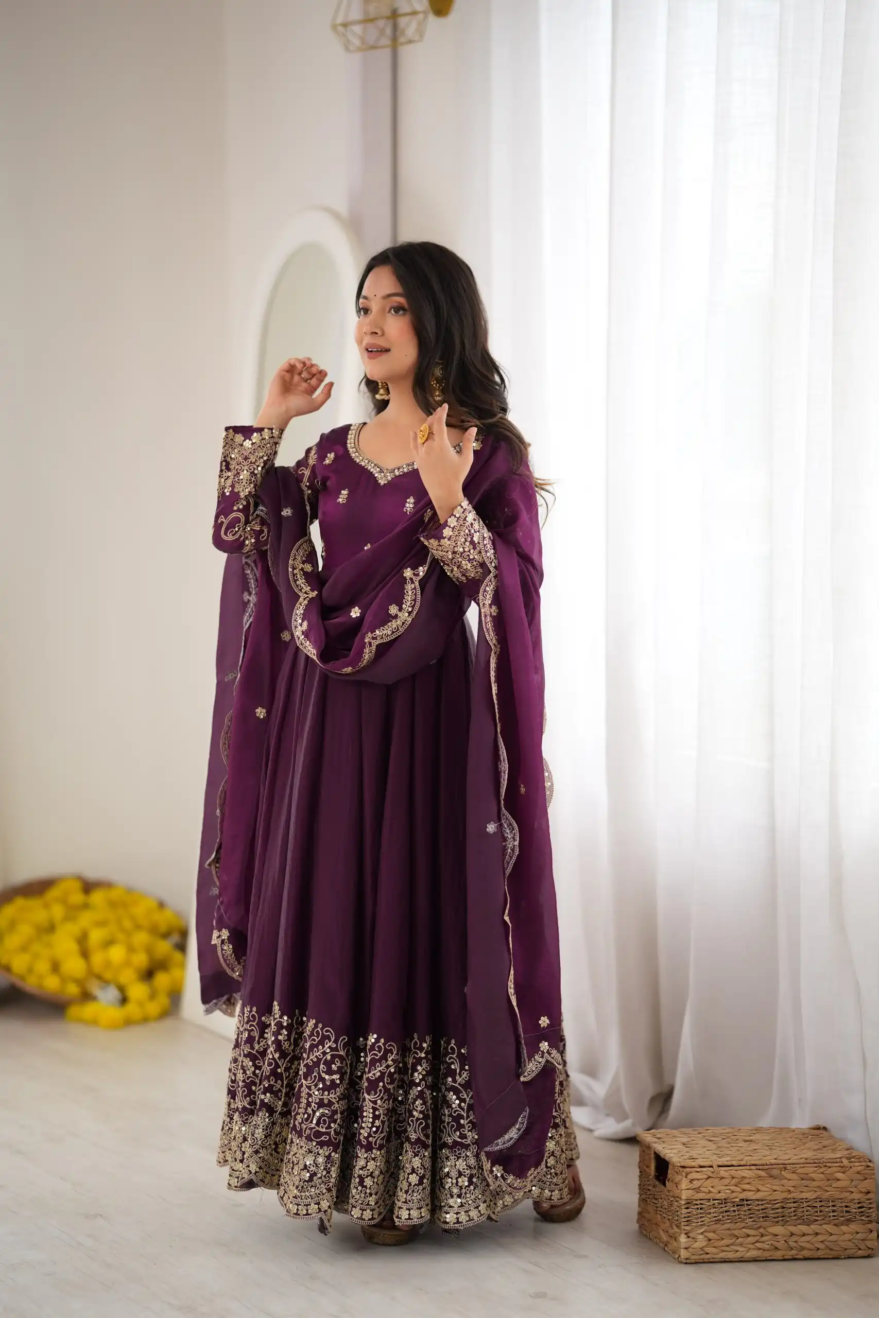 Fancy Wine Fendy Silk Embroider Sequins Work Gown - Image 8