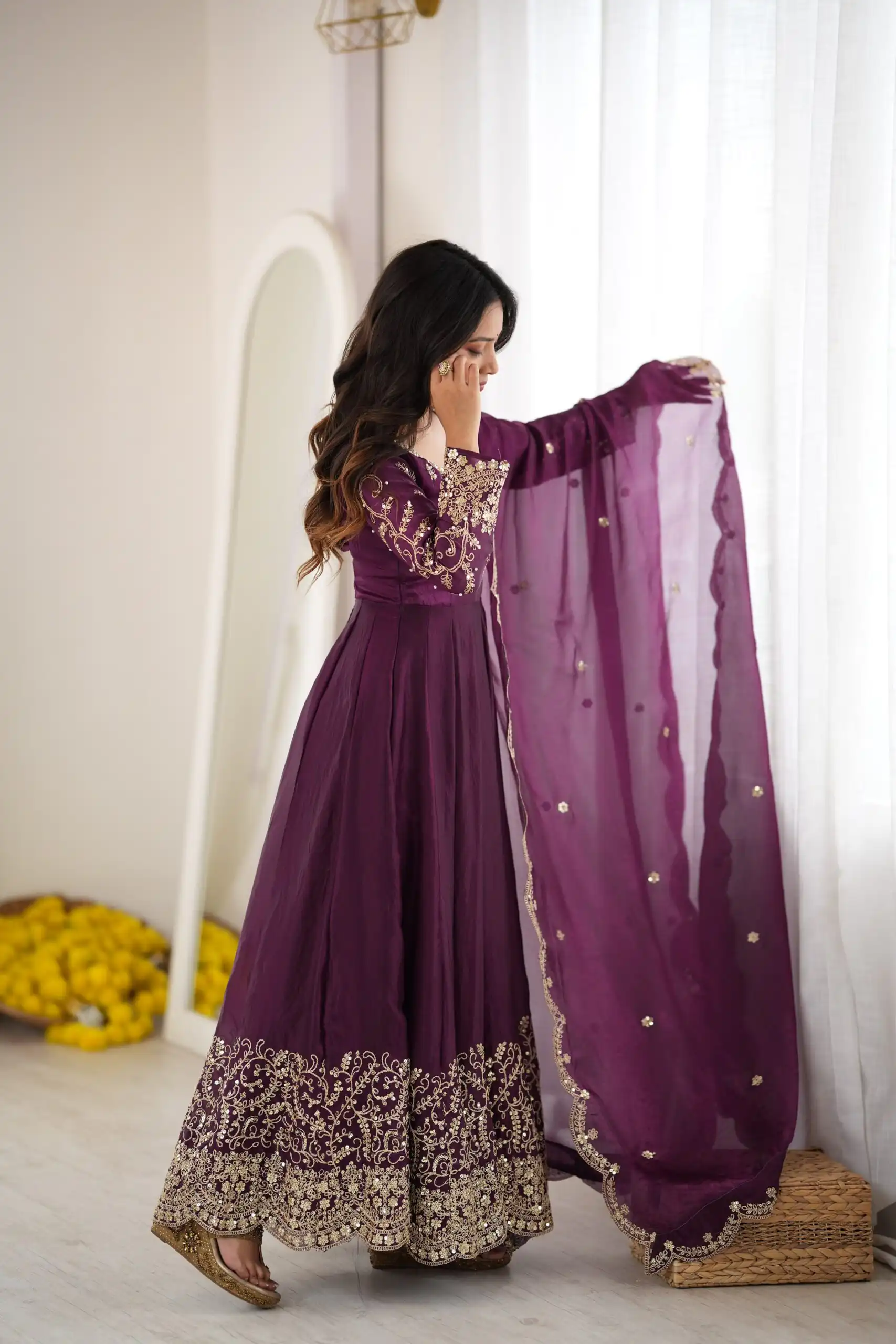Fancy Wine Fendy Silk Embroider Sequins Work Gown - Image 7