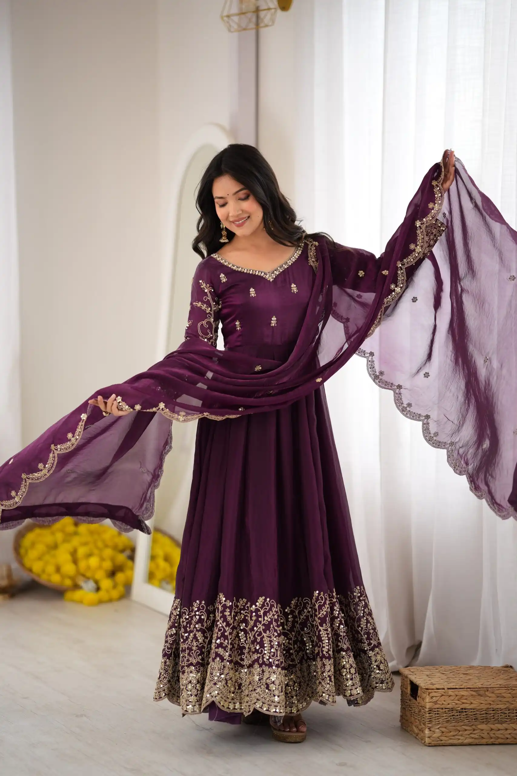 Fancy Wine Fendy Silk Embroider Sequins Work Gown - Image 6